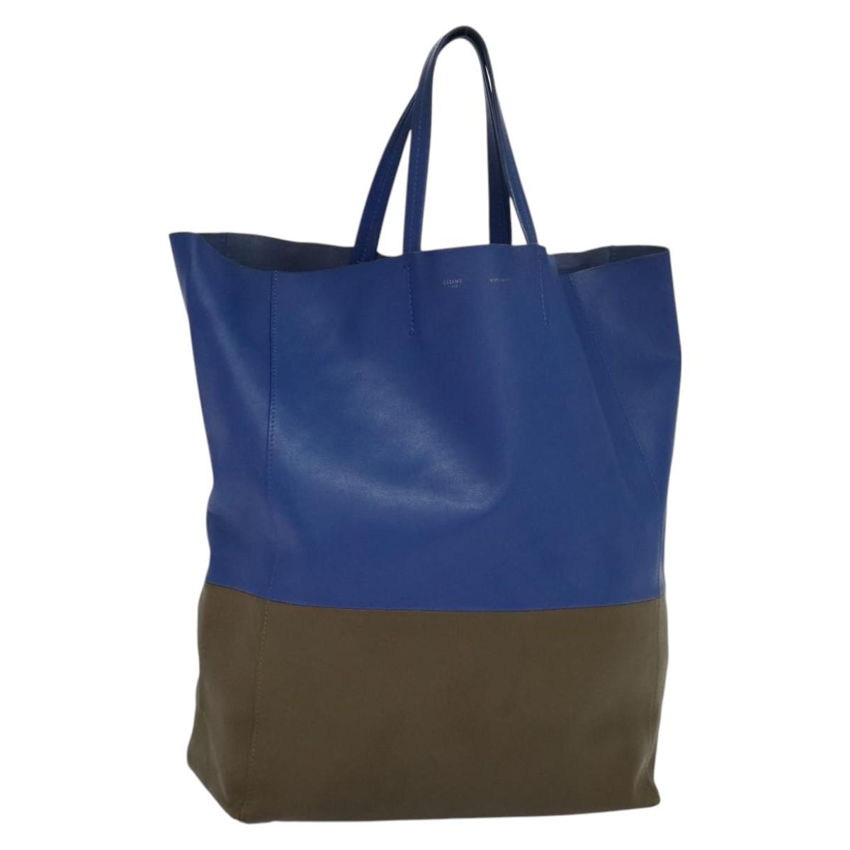 CELINE Vertical Cabas Hand Bag Leather Blue Brown Auth ki5445