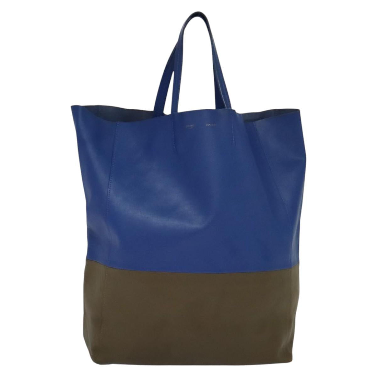CELINE Vertical Cabas Hand Bag Leather Blue Brown Auth ki5445