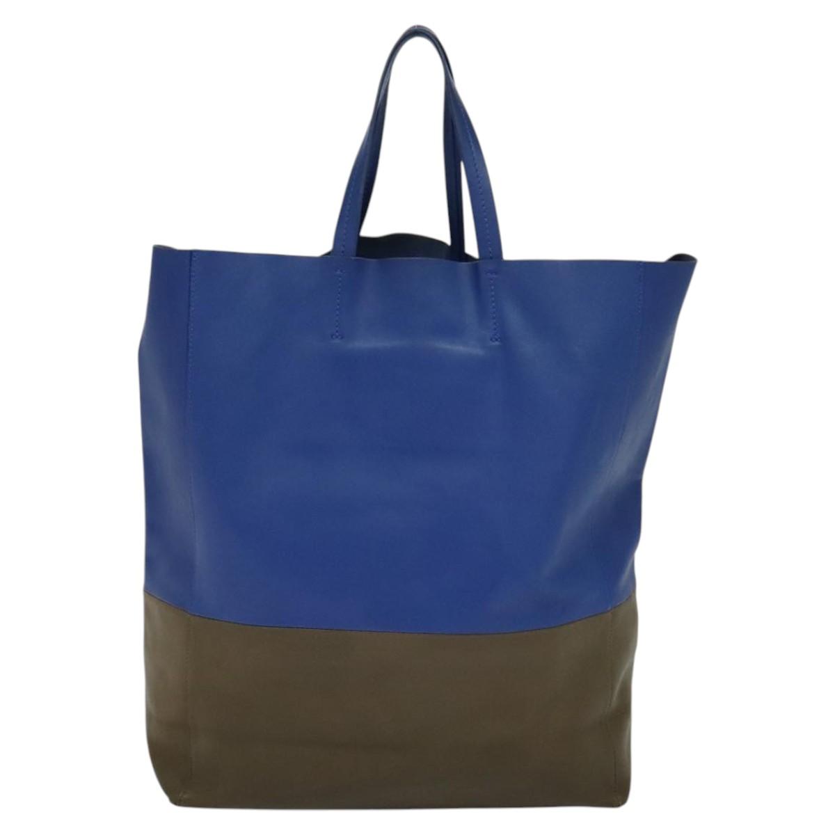 CELINE Vertical Cabas Hand Bag Leather Blue Brown Auth ki5445