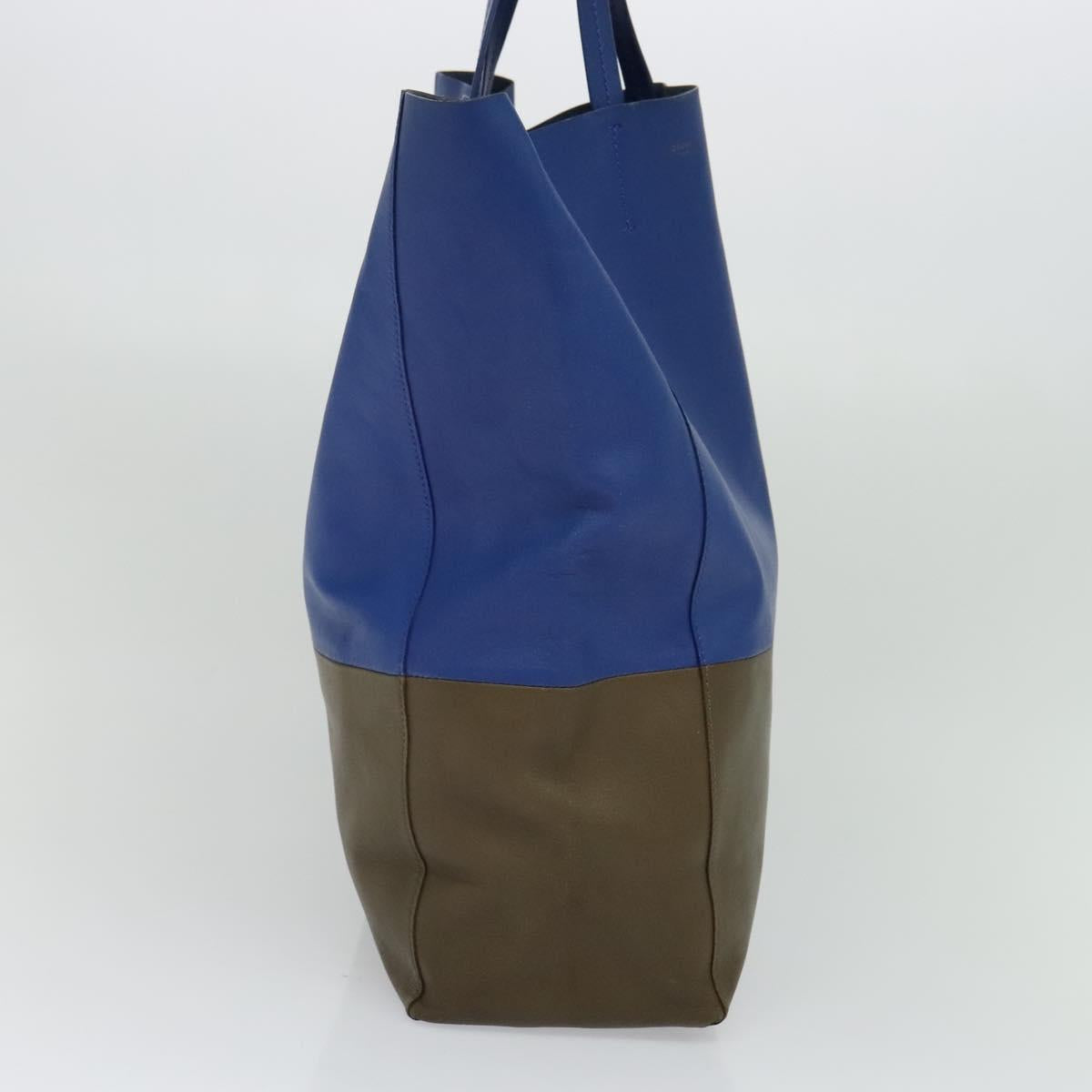 CELINE Vertical Cabas Hand Bag Leather Blue Brown Auth ki5445