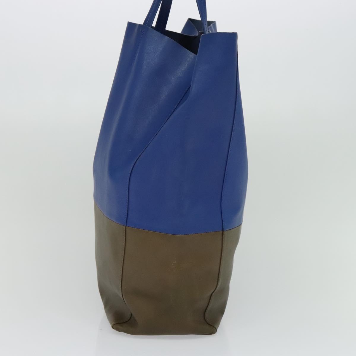 CELINE Vertical Cabas Hand Bag Leather Blue Brown Auth ki5445