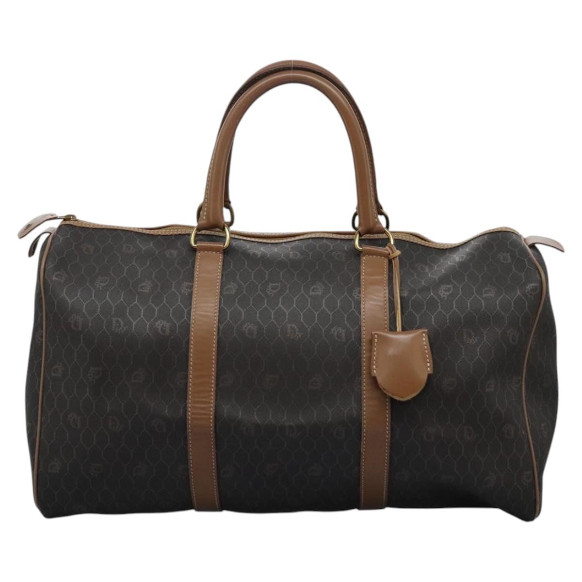 Christian Dior Honeycomb Canvas Boston Bag PVC Leather Black Auth ki5469