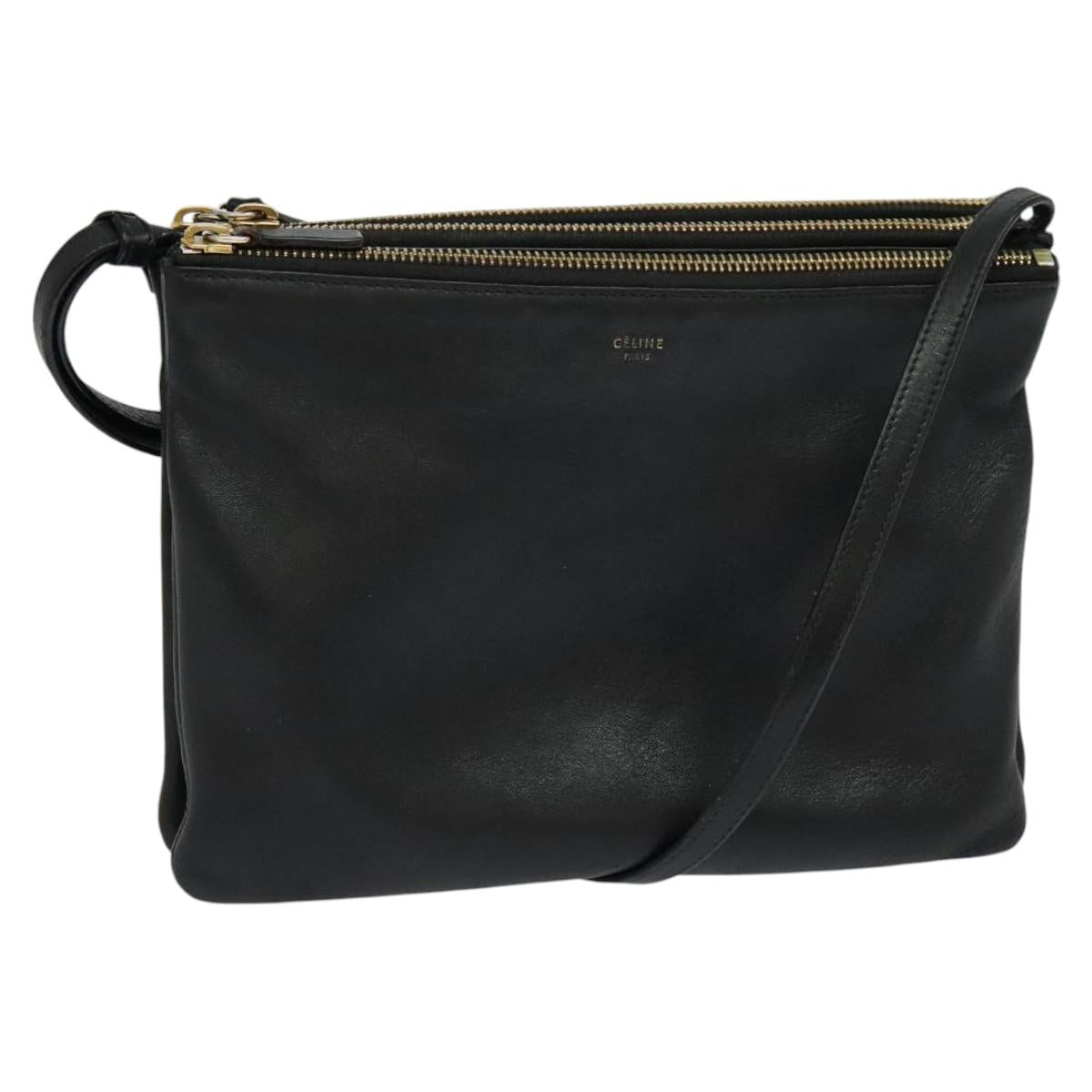 CELINE Trio bag Shoulder Bag Leather Black Gold Auth ki5590