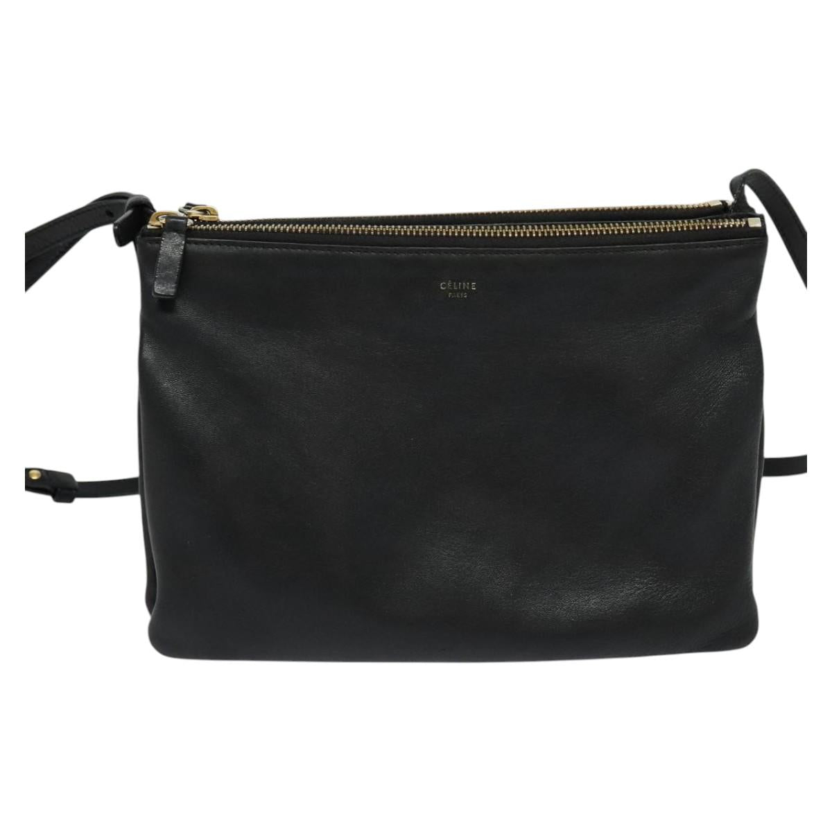 CELINE Trio bag Shoulder Bag Leather Black Gold Auth ki5590