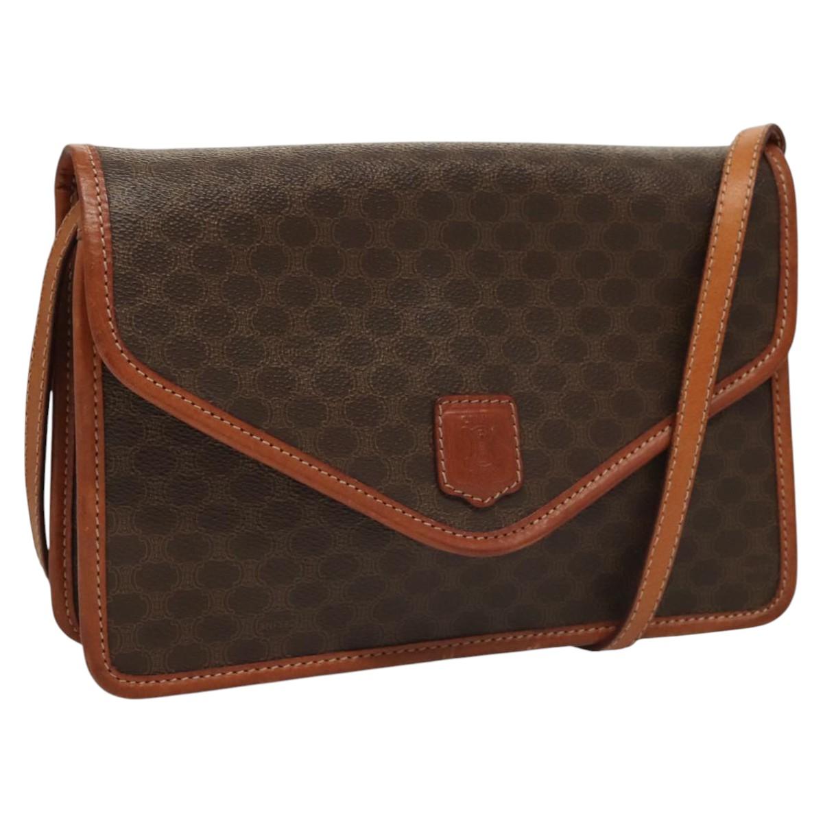 CELINE Macadam Canvas Shoulder Bag PVC Leather Brown Gold Auth ki5627