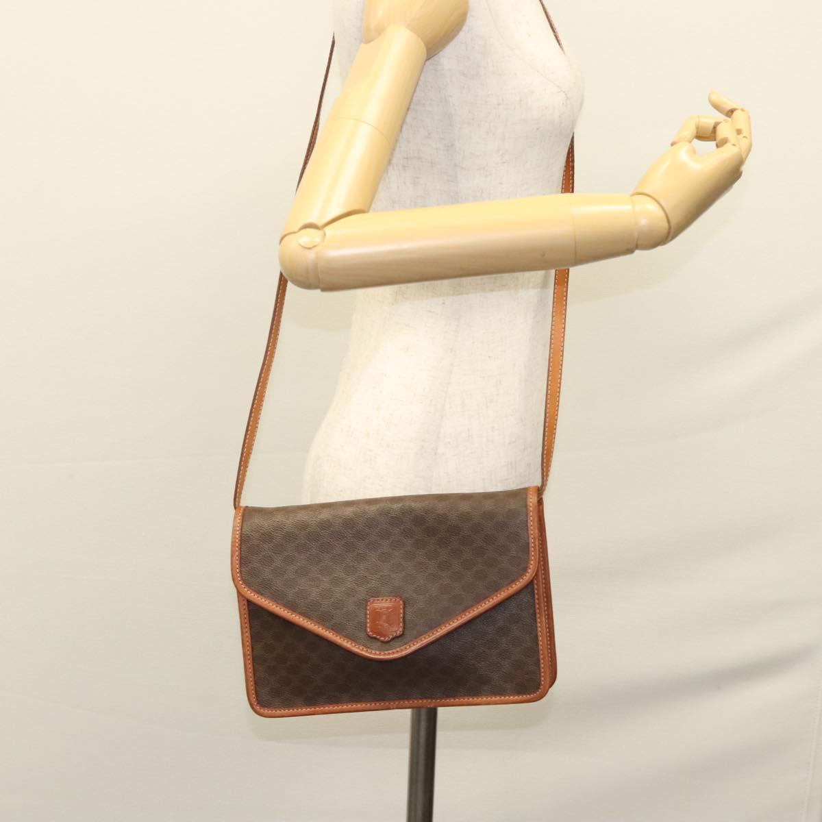 CELINE Macadam Canvas Shoulder Bag PVC Leather Brown Gold Auth ki5627