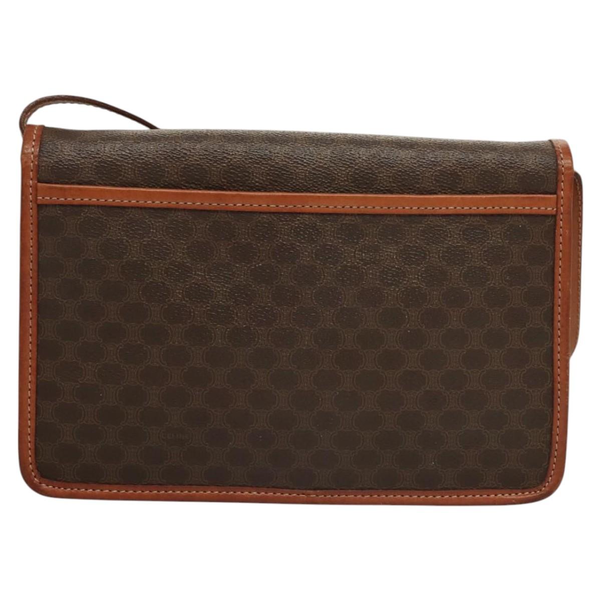 CELINE Macadam Canvas Shoulder Bag PVC Leather Brown Gold Auth ki5627