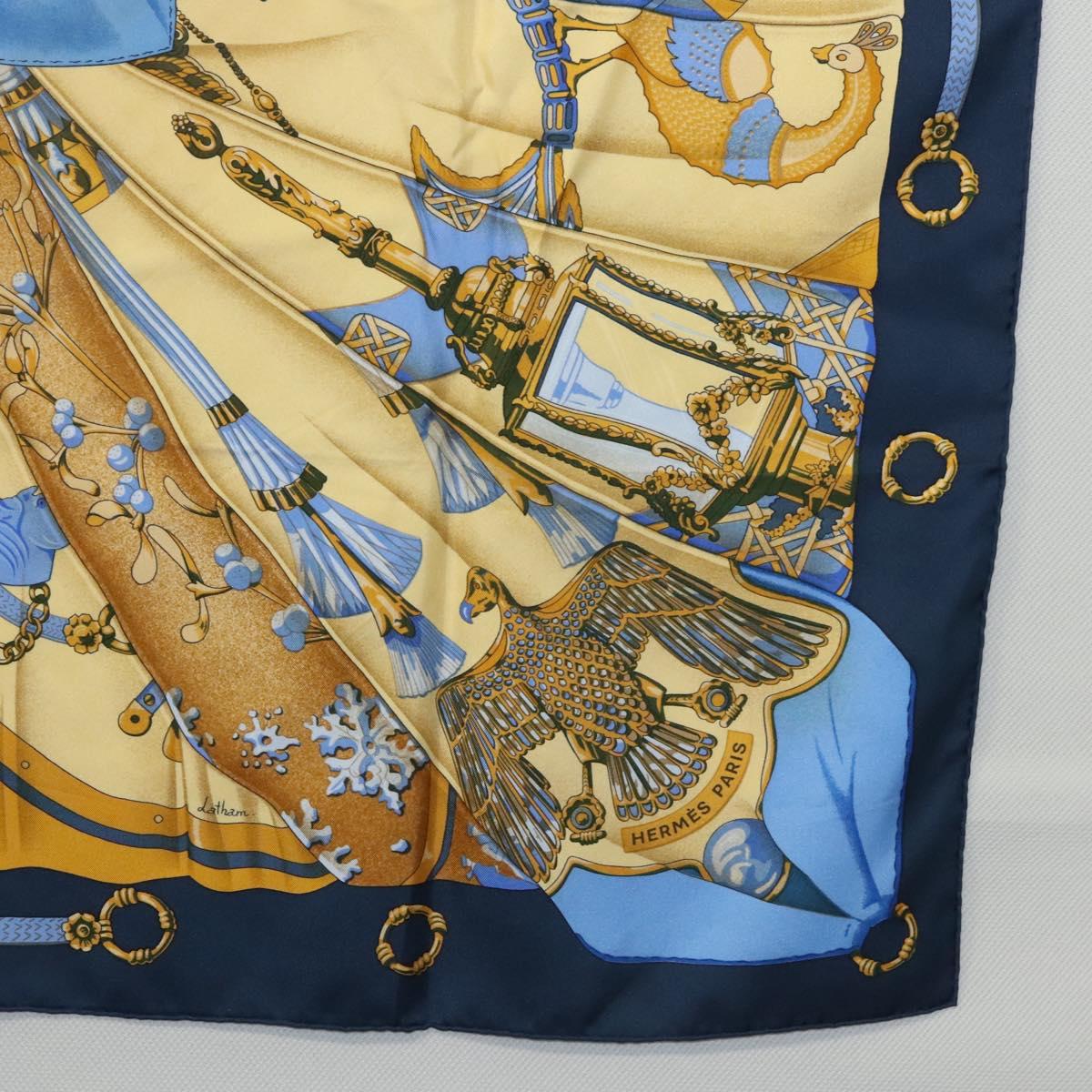 HERMES Carre 90 Scarf Soleil de Soie Silk Navy Yellow Auth ki5656