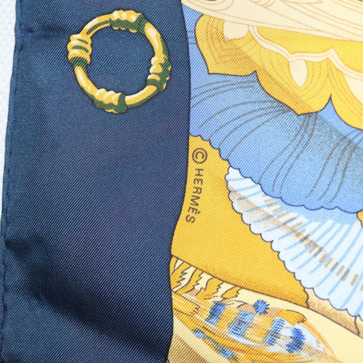 HERMES Carre 90 Scarf Soleil de Soie Silk Navy Yellow Auth ki5656