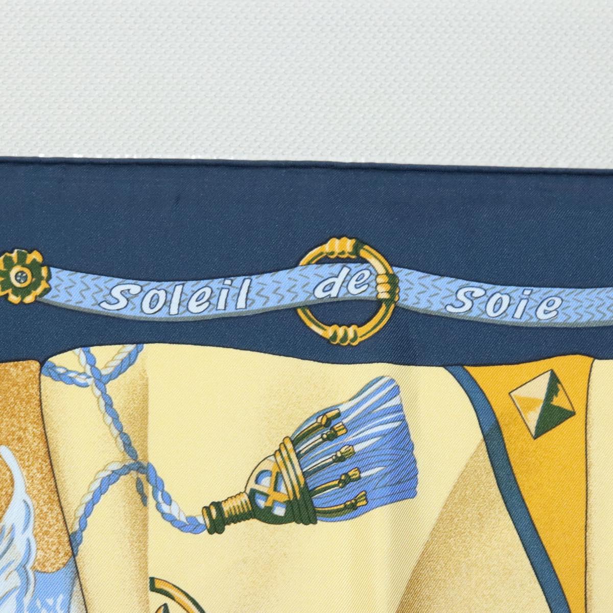 HERMES Carre 90 Scarf Soleil de Soie Silk Navy Yellow Auth ki5656
