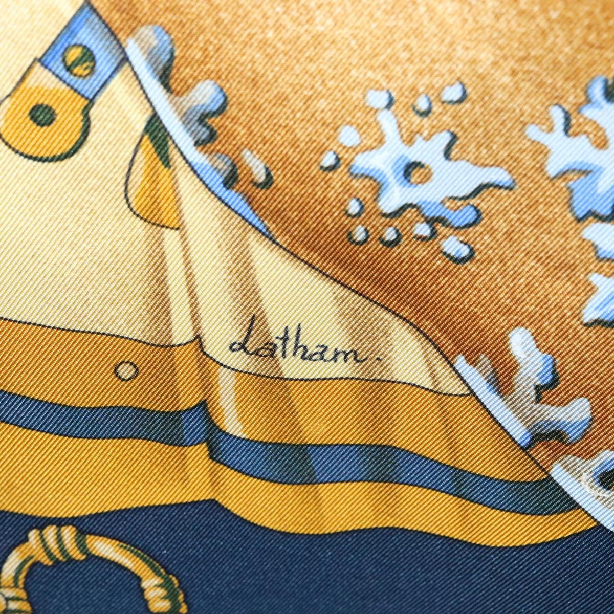 HERMES Carre 90 Scarf Soleil de Soie Silk Navy Yellow Auth ki5656