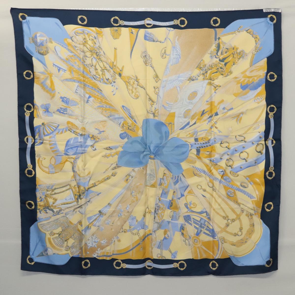 HERMES Carre 90 Scarf Soleil de Soie Silk Navy Yellow Auth ki5656