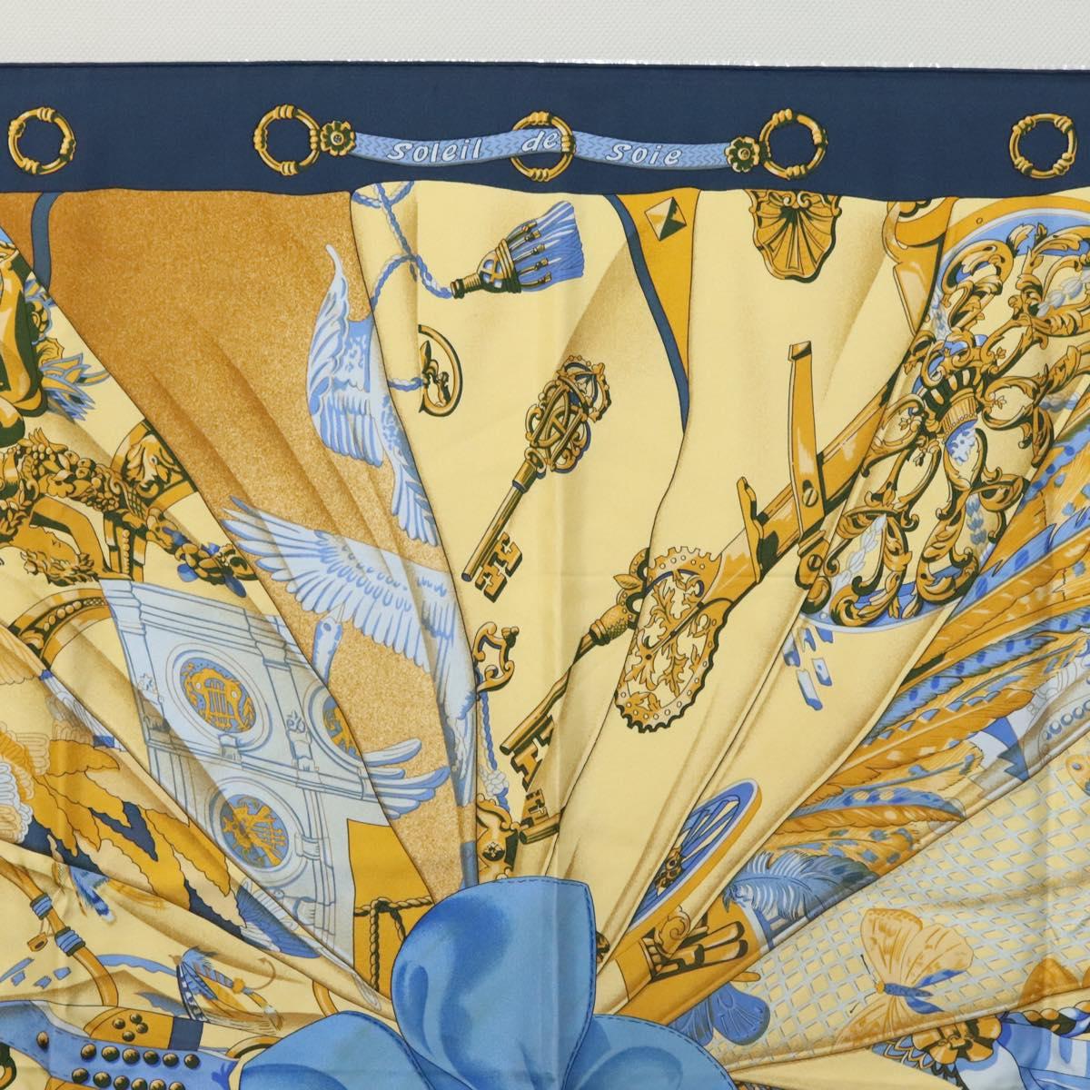 HERMES Carre 90 Scarf Soleil de Soie Silk Navy Yellow Auth ki5656