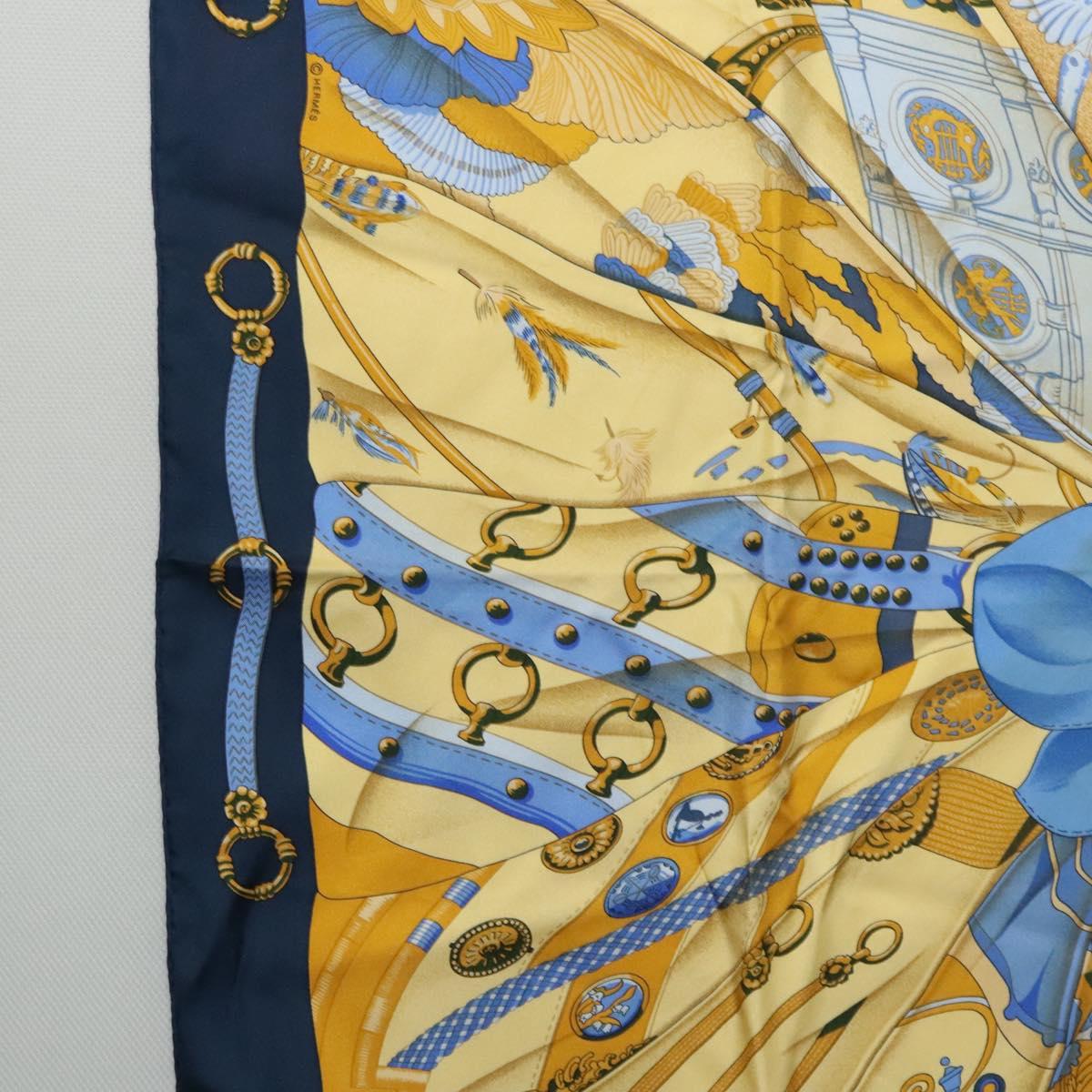 HERMES Carre 90 Scarf Soleil de Soie Silk Navy Yellow Auth ki5656