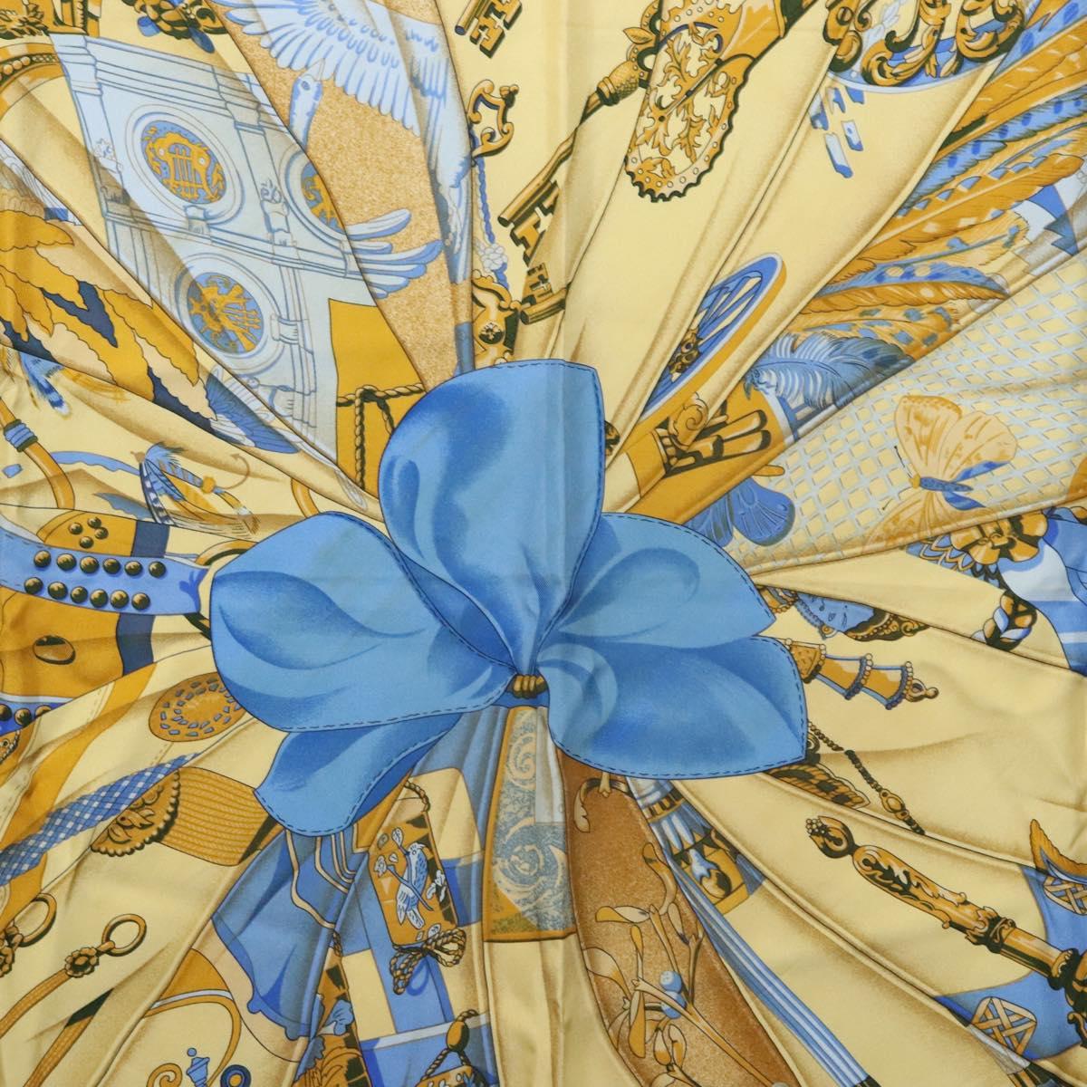 HERMES Carre 90 Scarf Soleil de Soie Silk Navy Yellow Auth ki5656