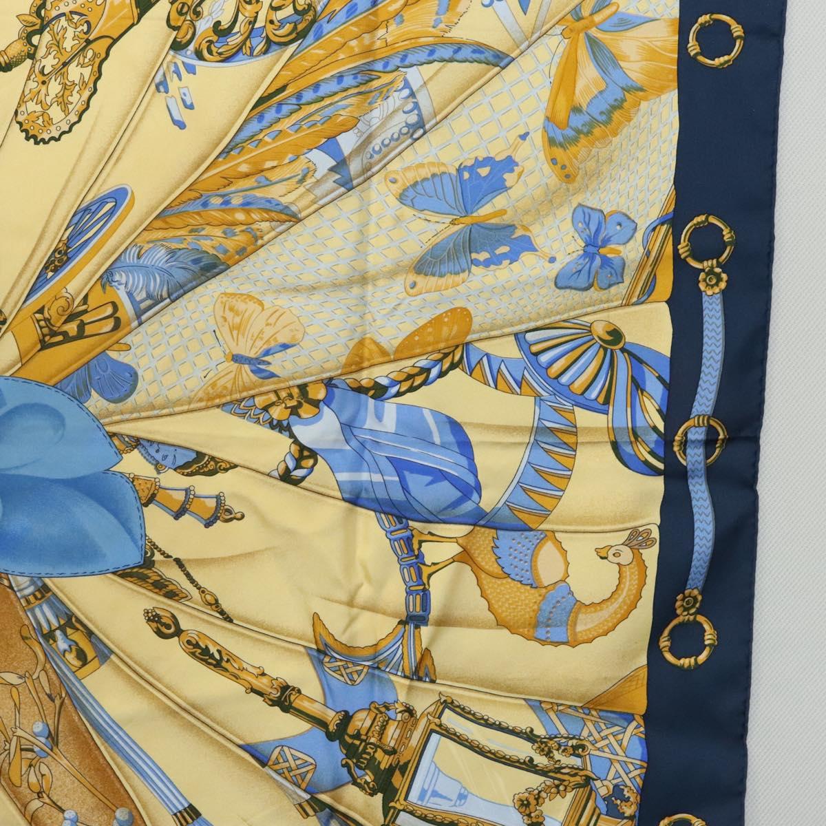 HERMES Carre 90 Scarf Soleil de Soie Silk Navy Yellow Auth ki5656