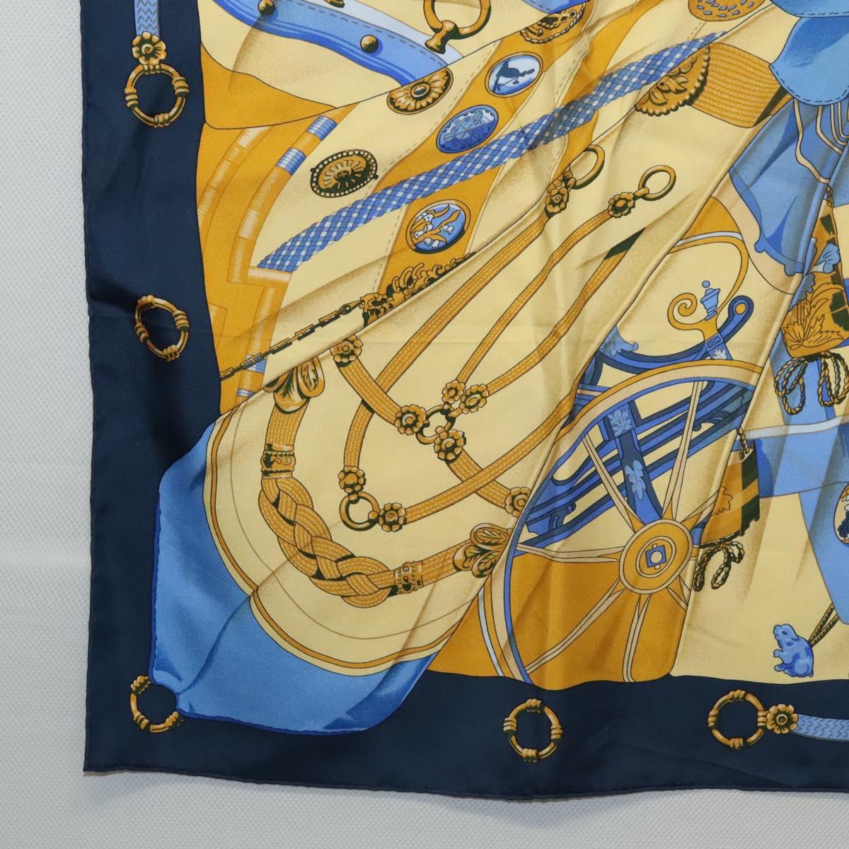 HERMES Carre 90 Scarf Soleil de Soie Silk Navy Yellow Auth ki5656