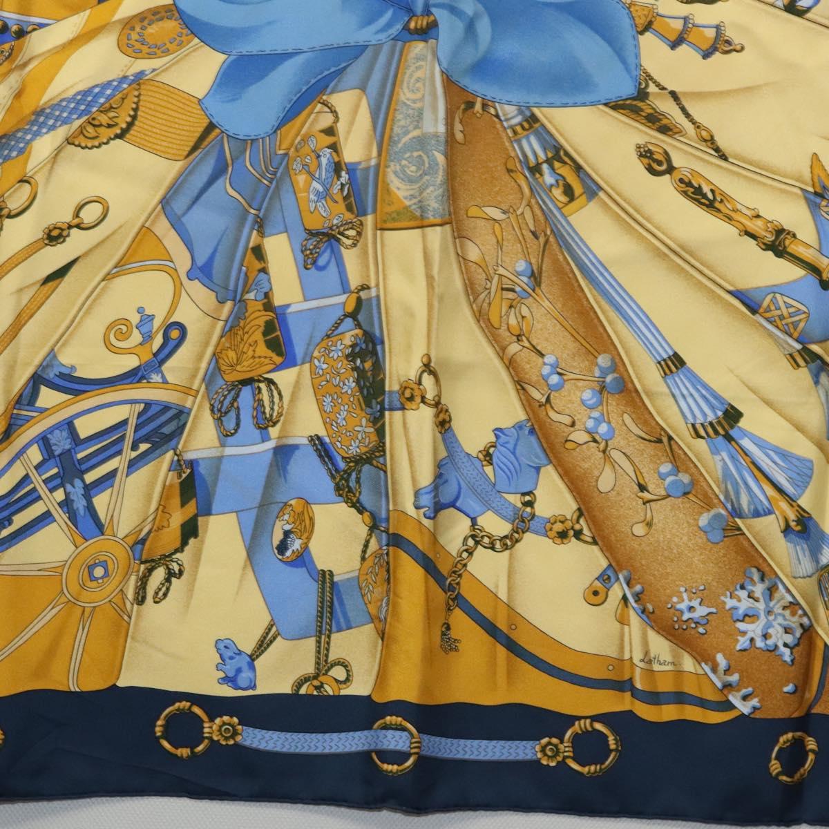 HERMES Carre 90 Scarf Soleil de Soie Silk Navy Yellow Auth ki5656