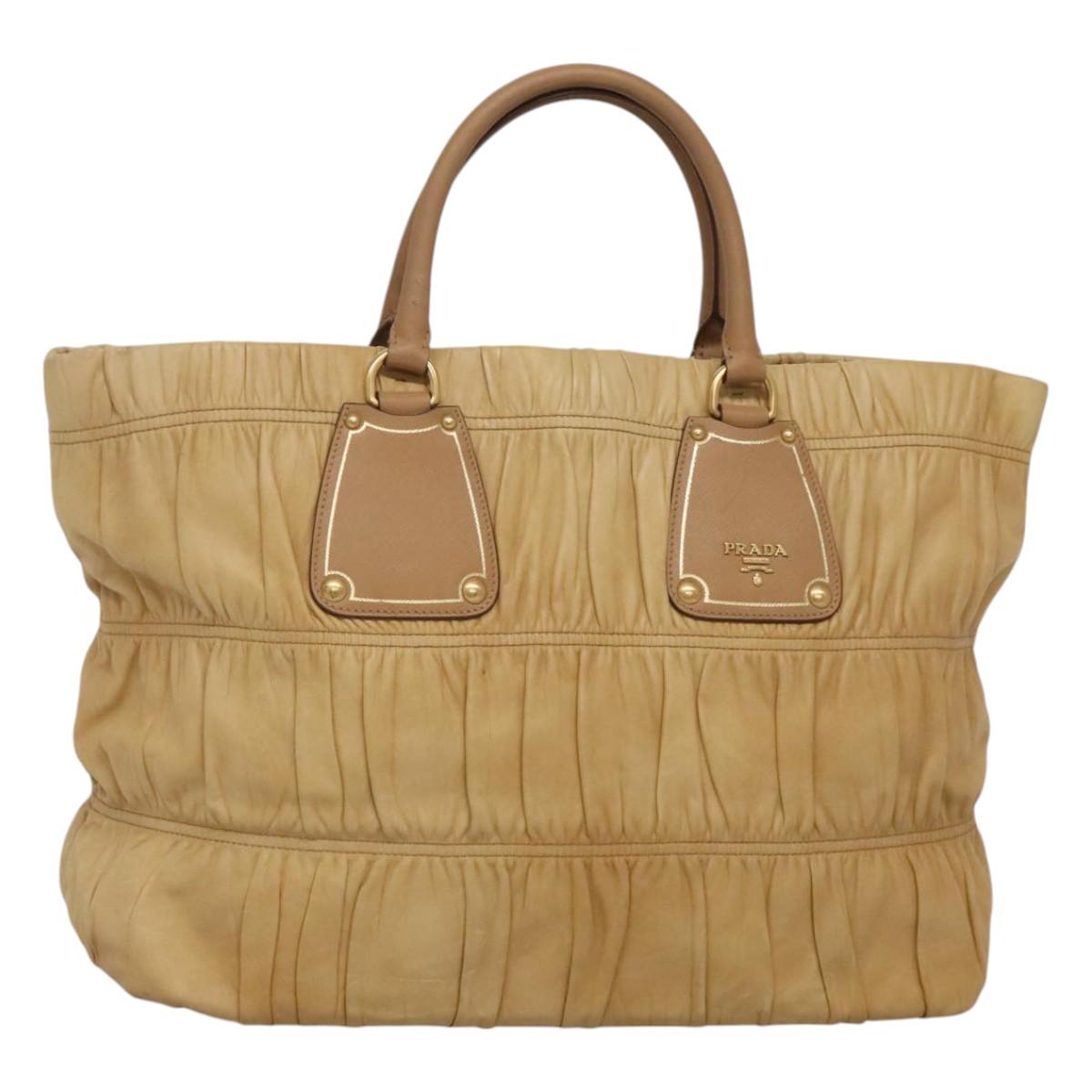 PRADA Gathered Tote Bag Leather Beige Gold Auth ki5670