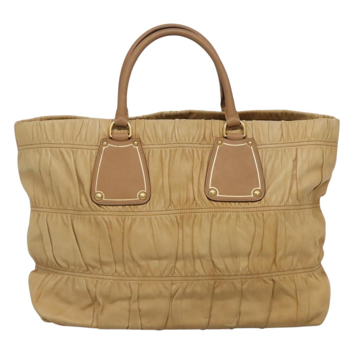 PRADA Gathered Tote Bag Leather Beige Gold Auth ki5670