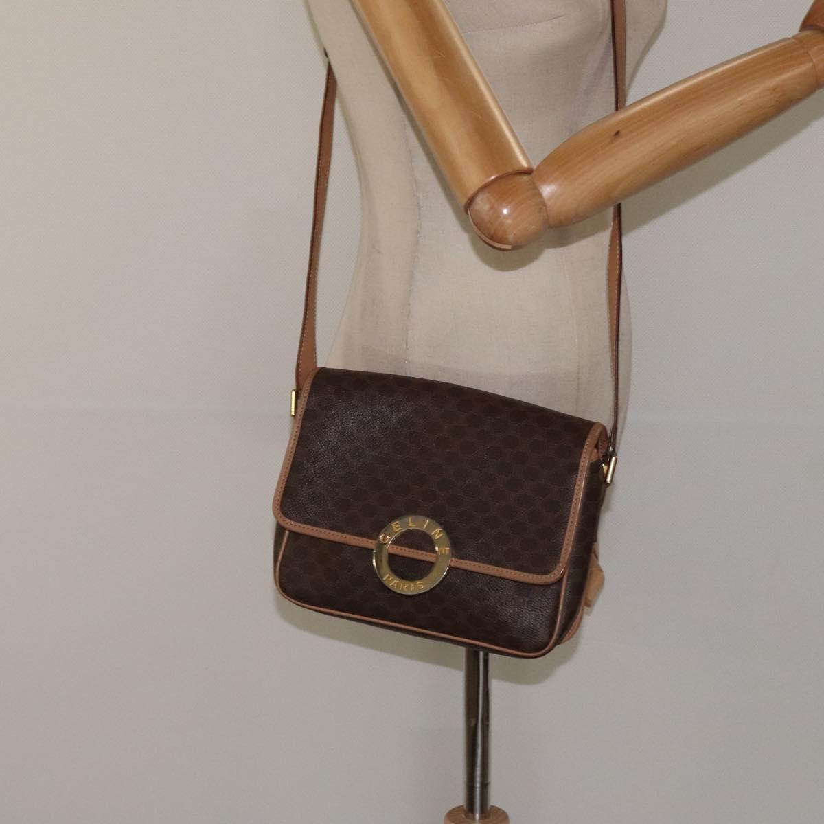 CELINE Macadam Canvas Shoulder Bag PVC Leather Brown Gold Auth ki5724