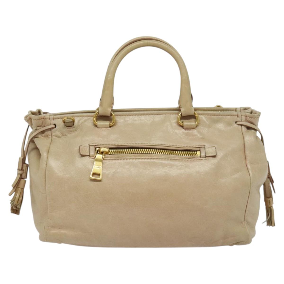 PRADA Hand Bag Leather 2way Beige Gold Auth ki5757