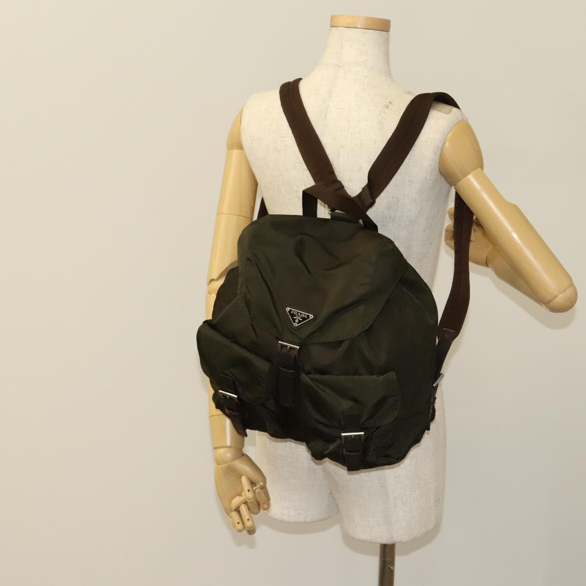 PRADA Backpack Nylon Khaki Silver Auth ki5760