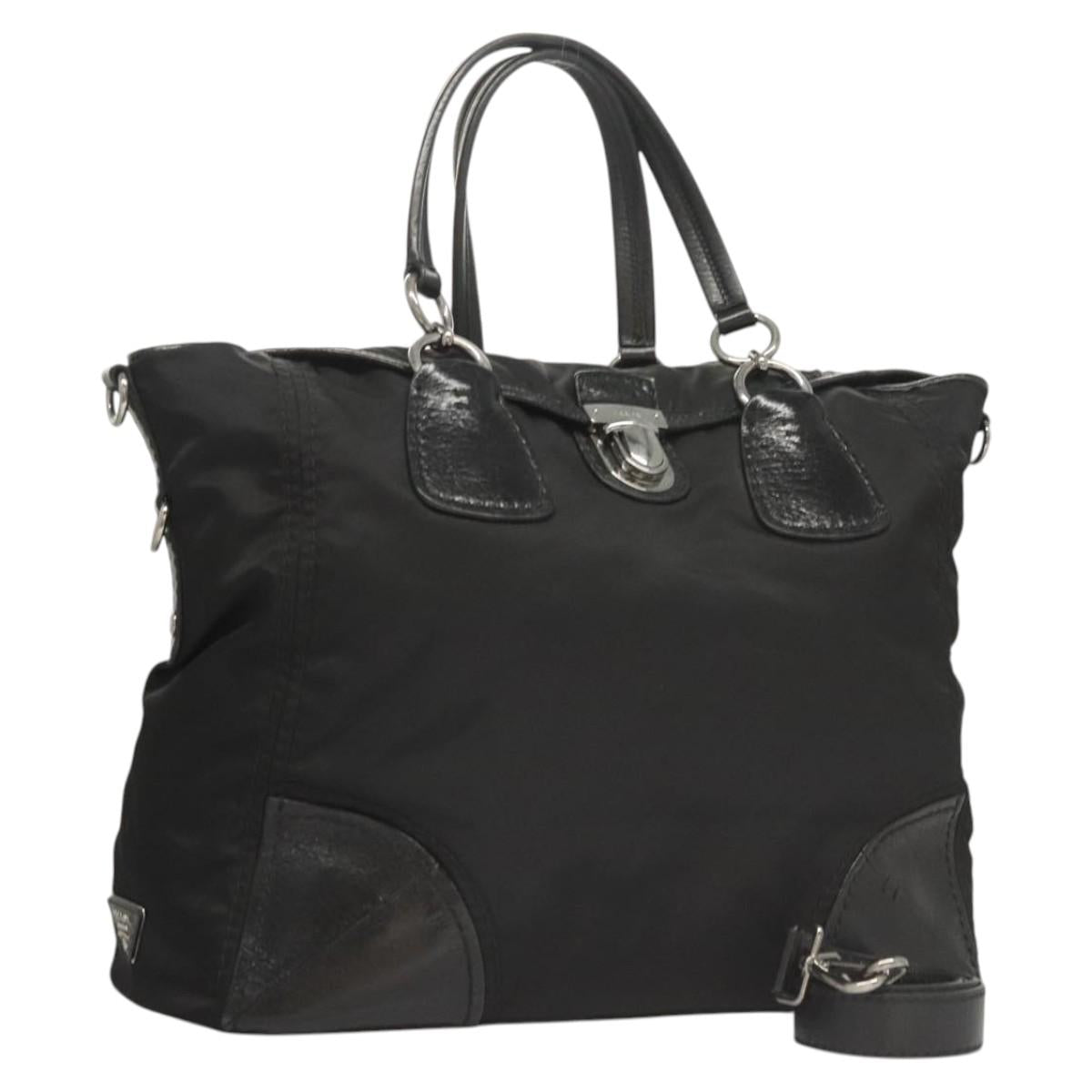 PRADA Tote Bag Nylon Leather 2way Black Silver Auth ki5762