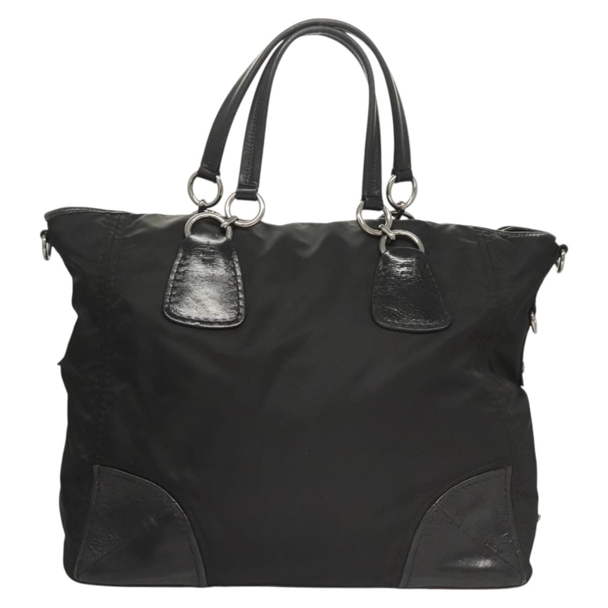 PRADA Tote Bag Nylon Leather 2way Black Silver Auth ki5762