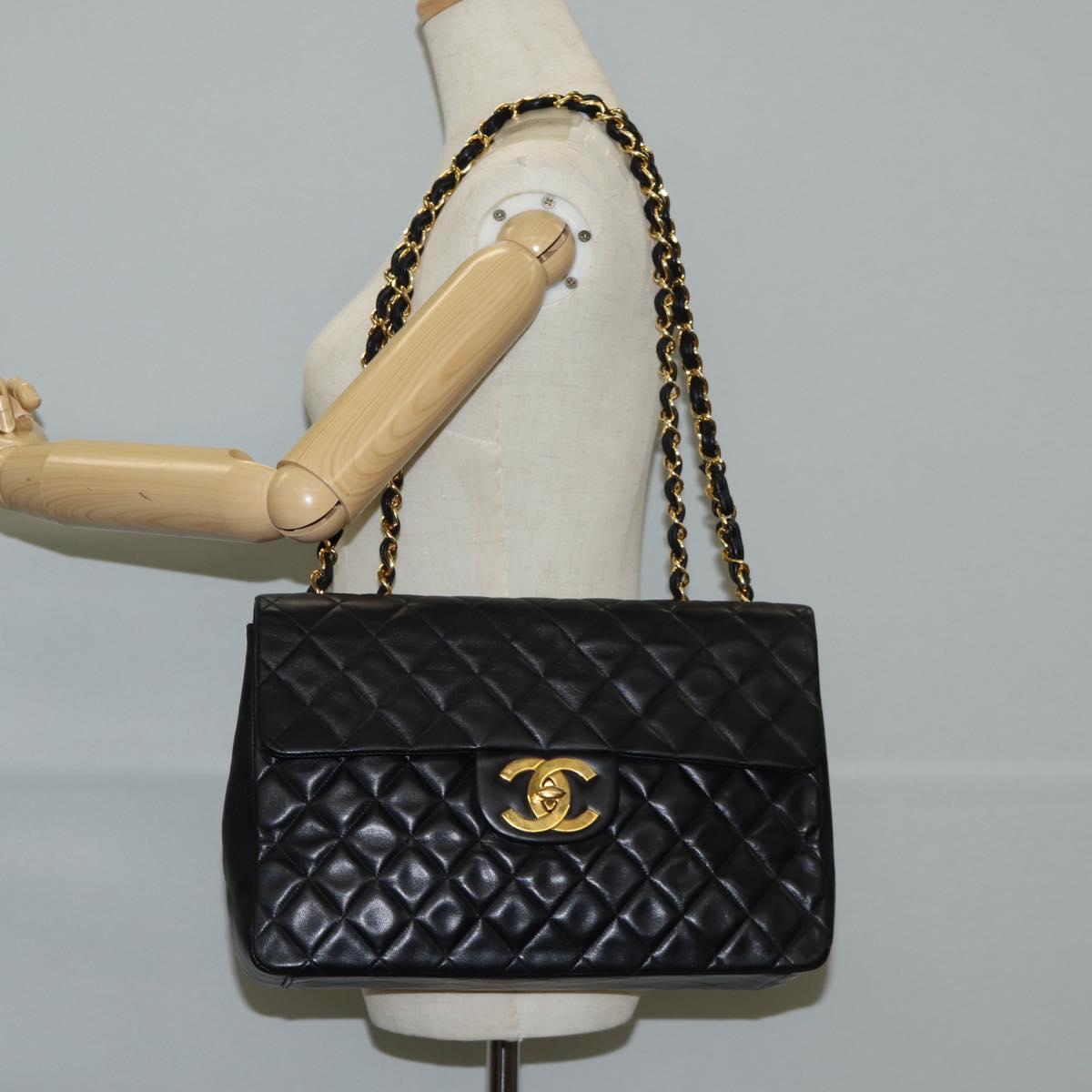 CHANEL Big Matelasse Chain Shoulder Bag Lamb Skin Black Gold CC Auth ki5773V