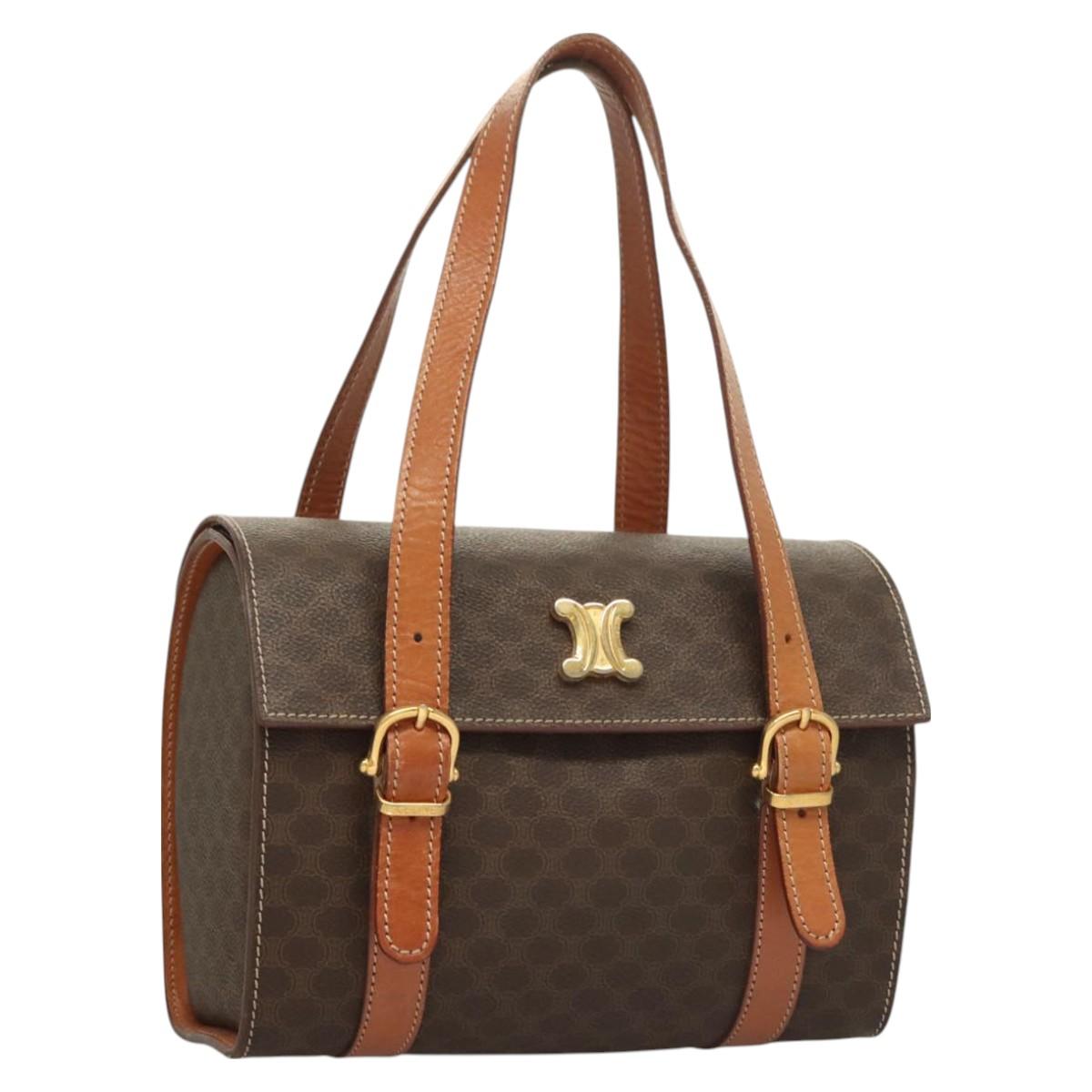 CELINE Macadam Canvas Hand Bag PVC Leather Brown Gold Auth ki5778