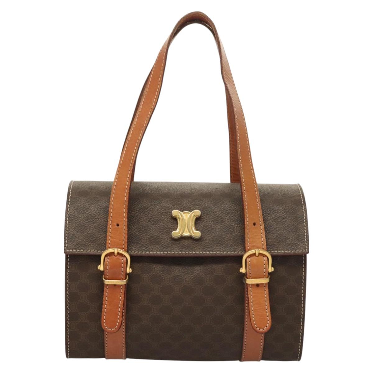 CELINE Macadam Canvas Hand Bag PVC Leather Brown Gold Auth ki5778