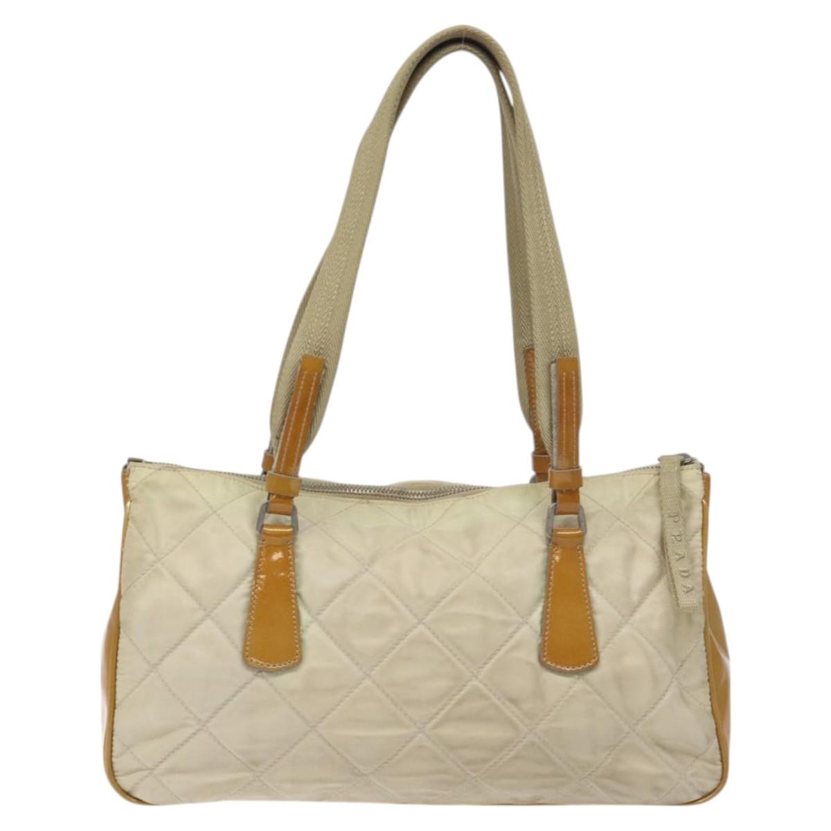 PRADA Quilted Hand Bag Nylon Beige Silver Auth ki5791