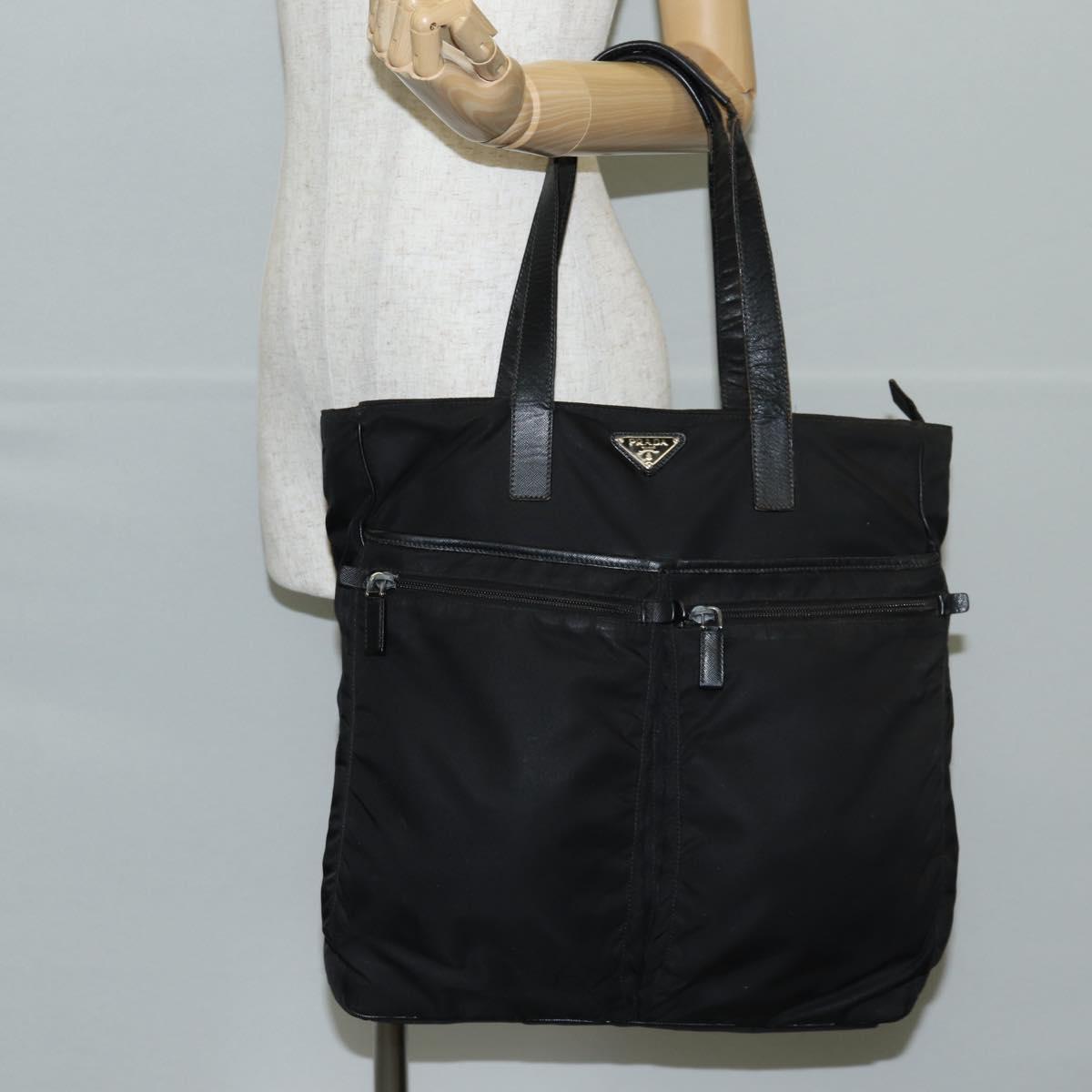 PRADA Tote Bag Nylon Black Silver Auth ki5831