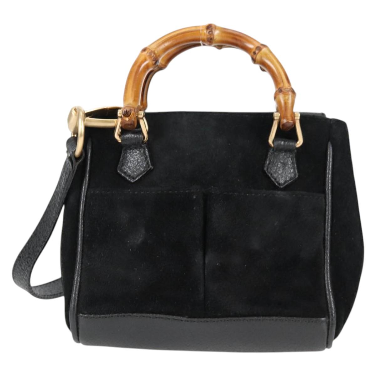 GUCCI Bamboo Hand Bag Suede 2way Black Gold 007 1793 0238 Auth ki5837