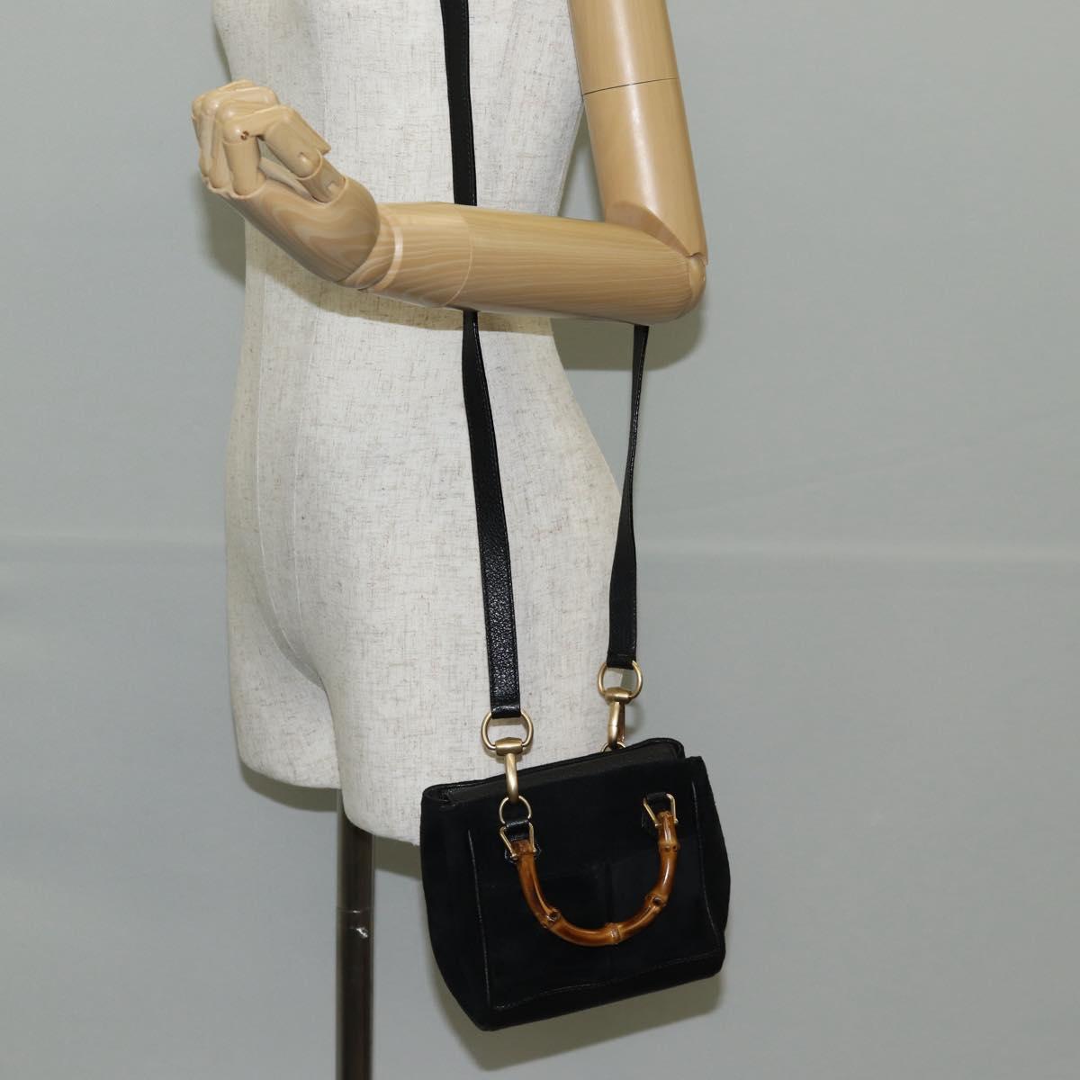 GUCCI Bamboo Hand Bag Suede 2way Black Gold 007 1793 0238 Auth ki5837