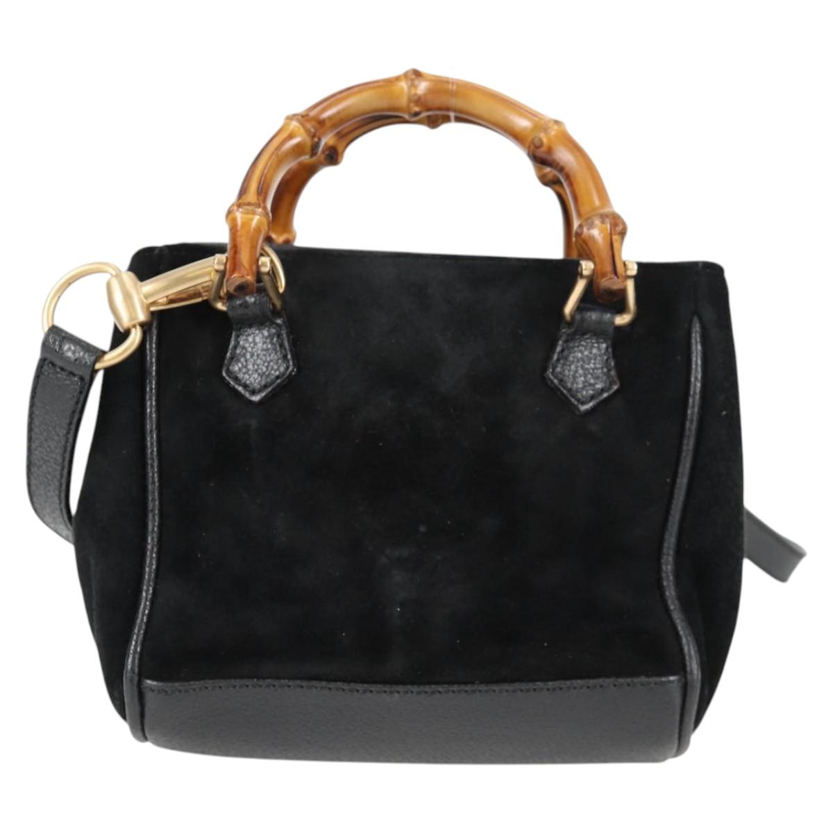 GUCCI Bamboo Hand Bag Suede 2way Black Gold 007 1793 0238 Auth ki5837