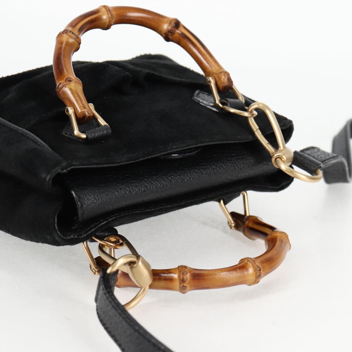 GUCCI Bamboo Hand Bag Suede 2way Black Gold 007 1793 0238 Auth ki5837