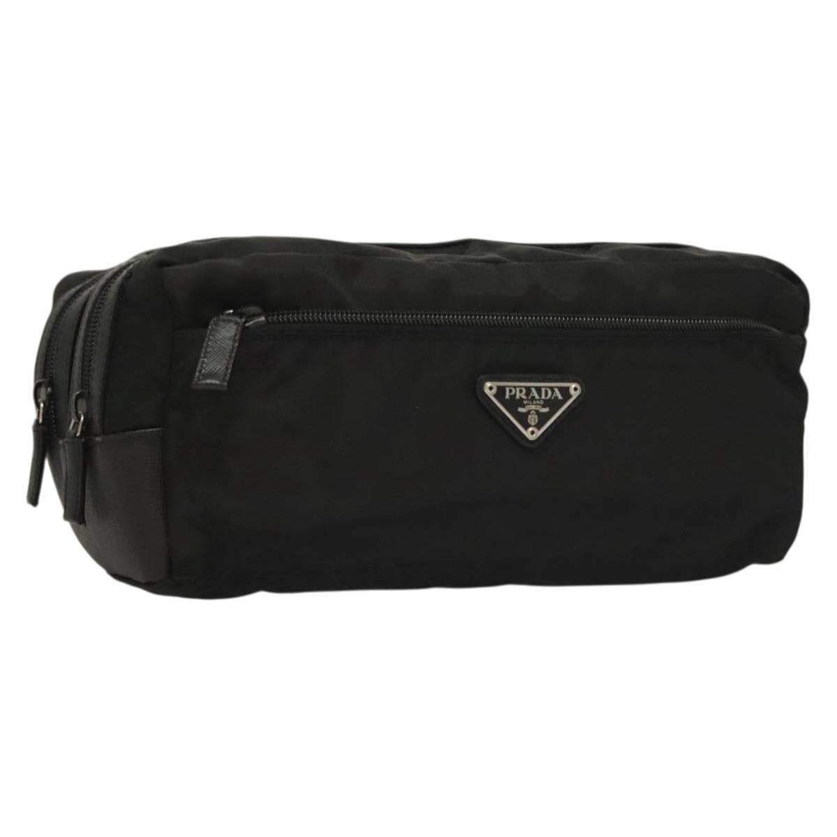 PRADA Clutch Bag Nylon Leather Black Silver Auth ki5843