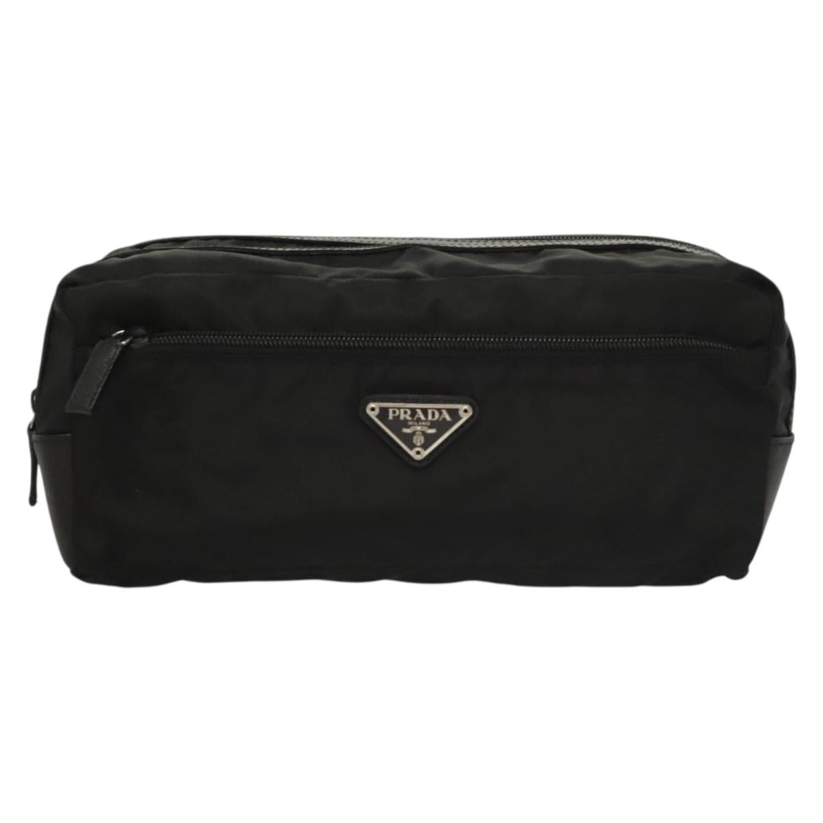 PRADA Clutch Bag Nylon Leather Black Silver Auth ki5843