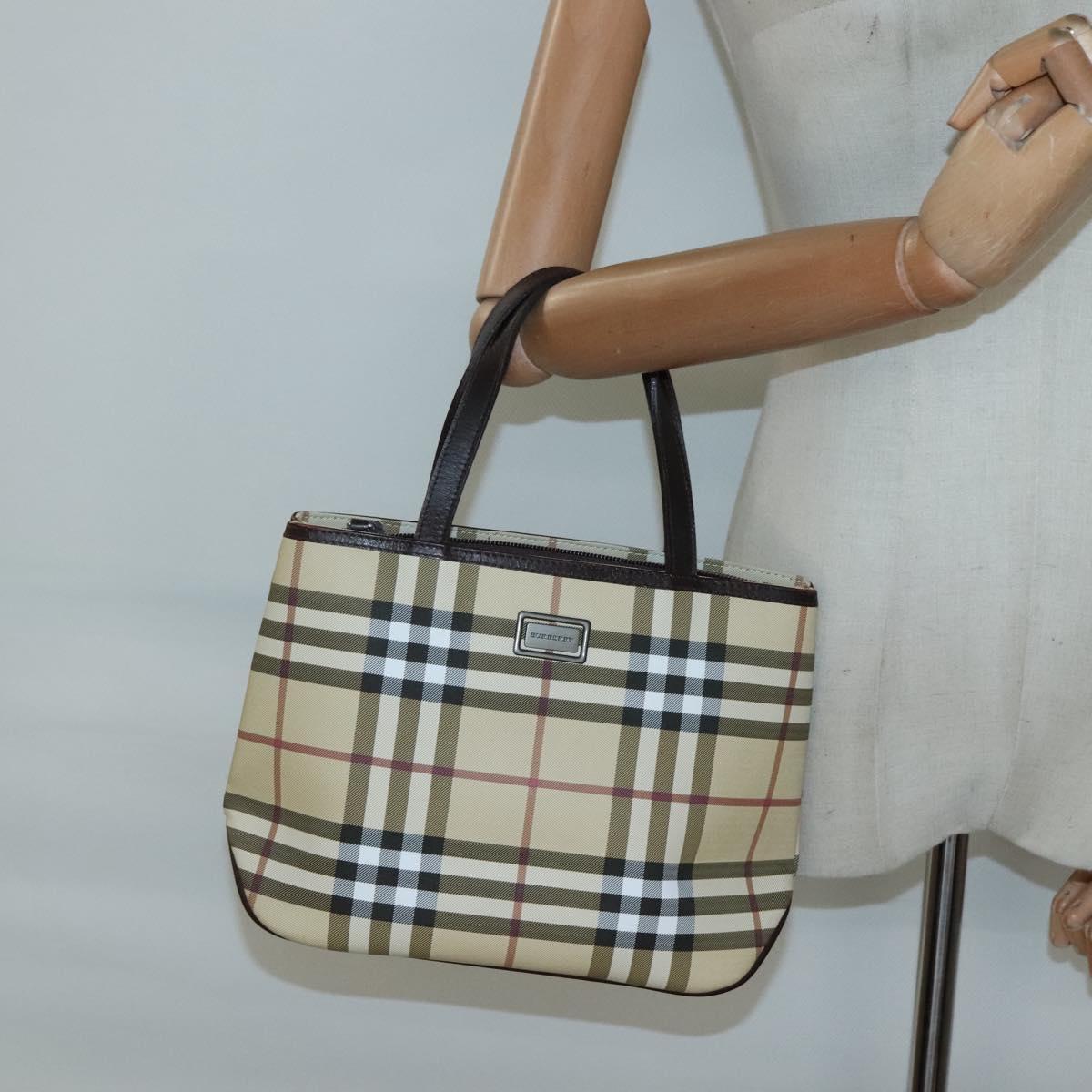 BURBERRY Nova Check Hand Bag PVC Beige Silver Auth ki5862