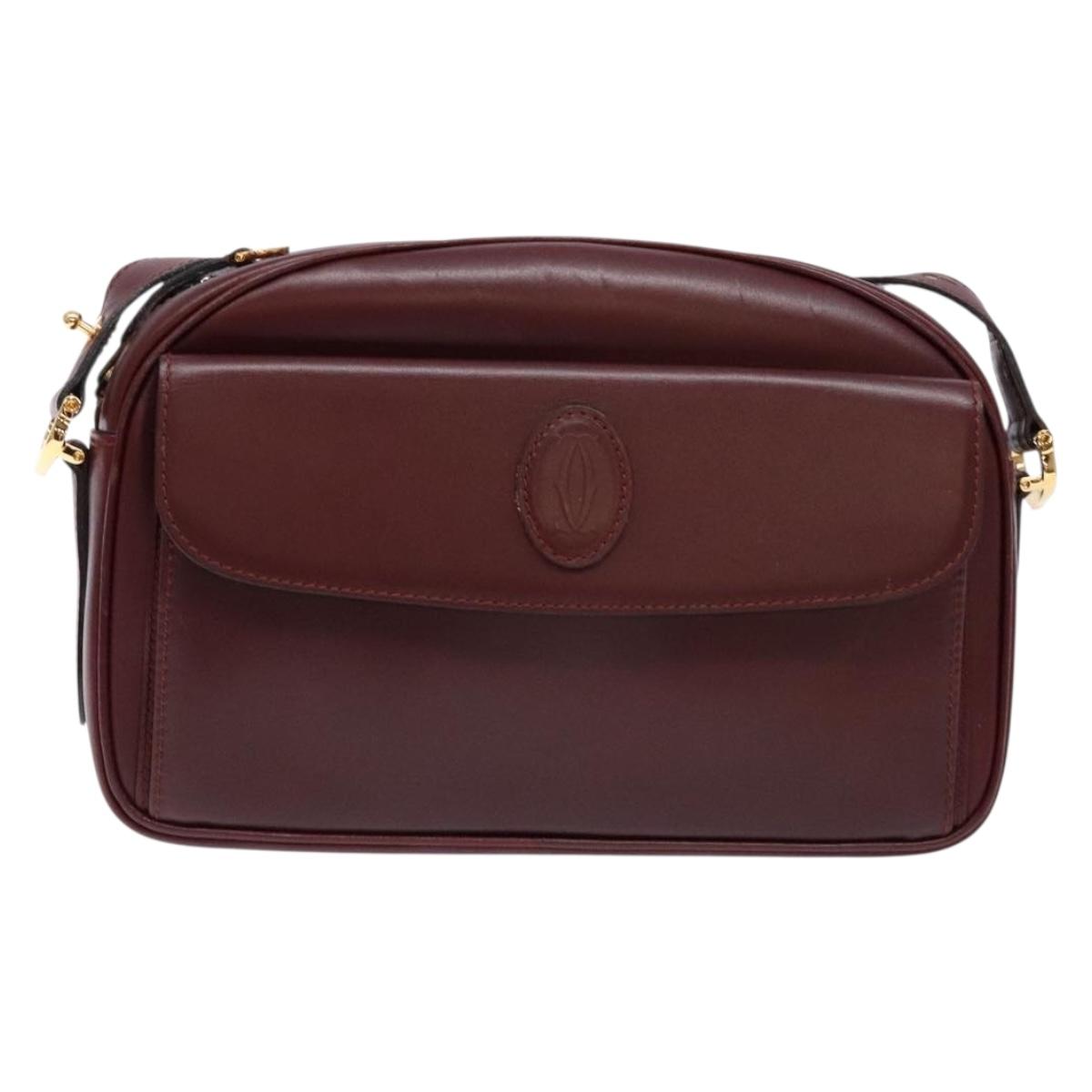 CARTIER Shoulder Bag Leather Bordeaux Gold Auth ki5879