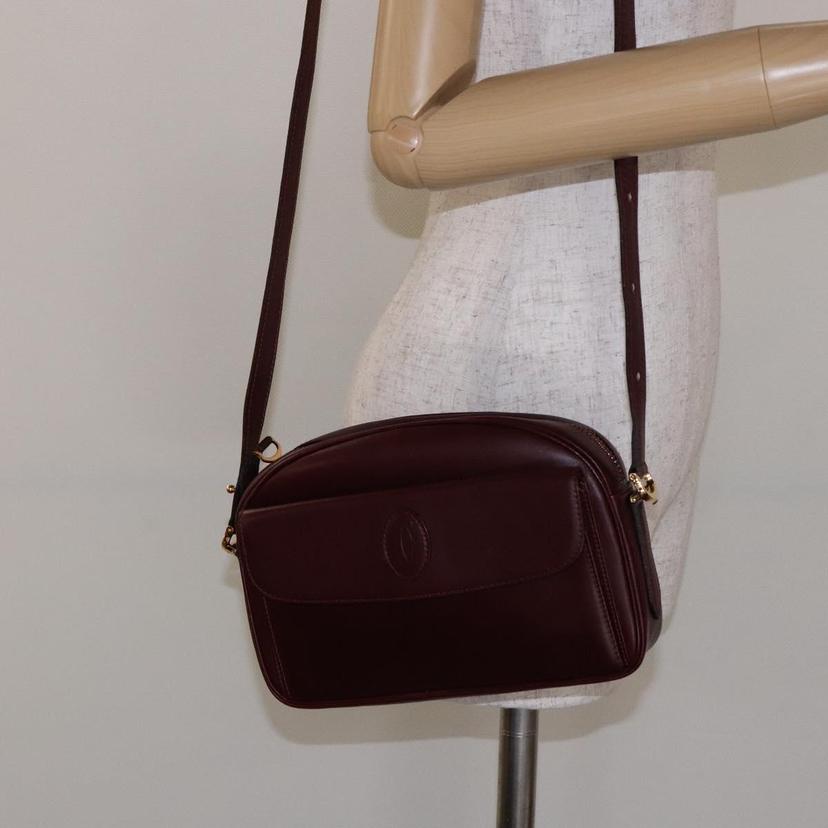 CARTIER Shoulder Bag Leather Bordeaux Gold Auth ki5879