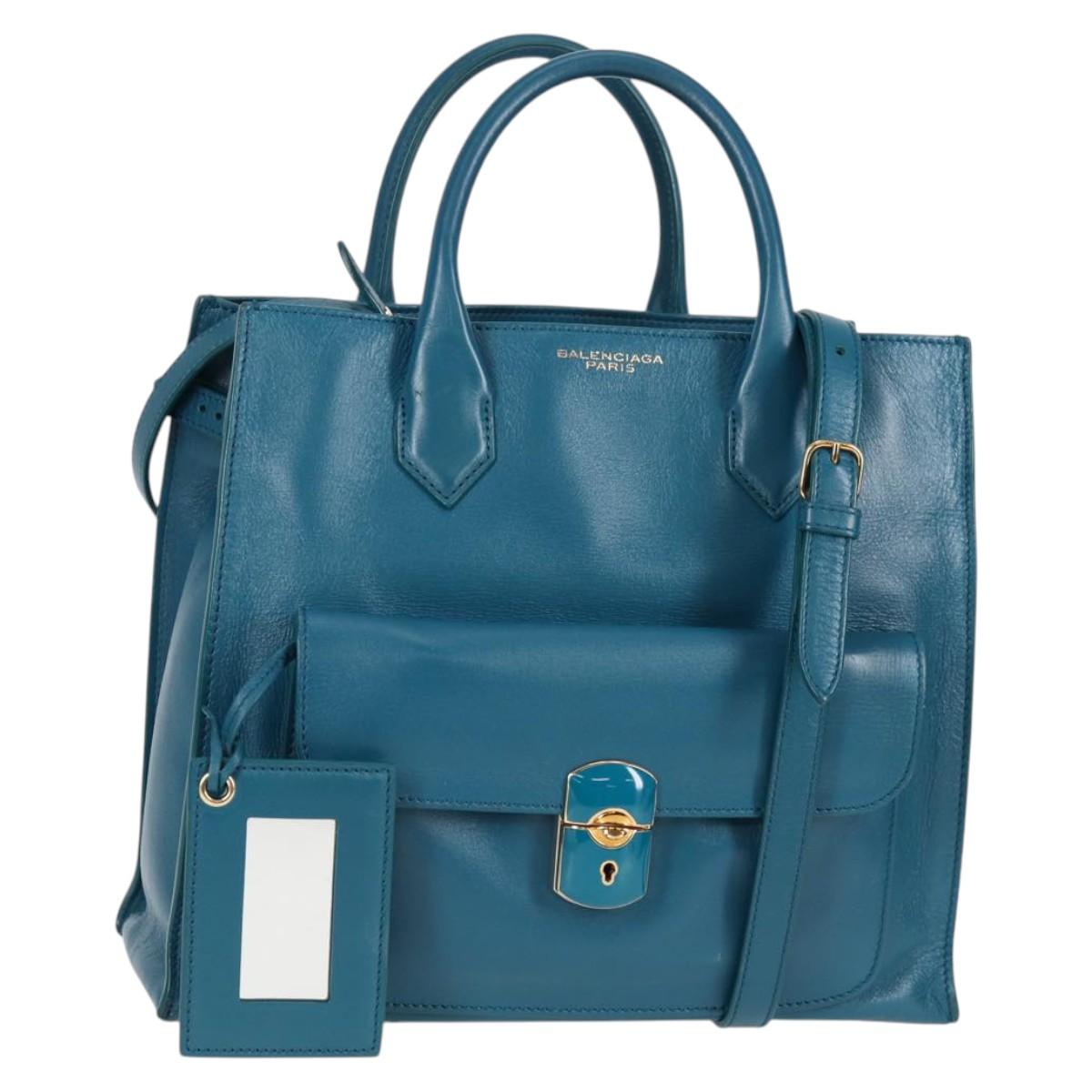 BALENCIAGA Hand Bag Leather 2way Blue Gold 305593 Auth ki5885