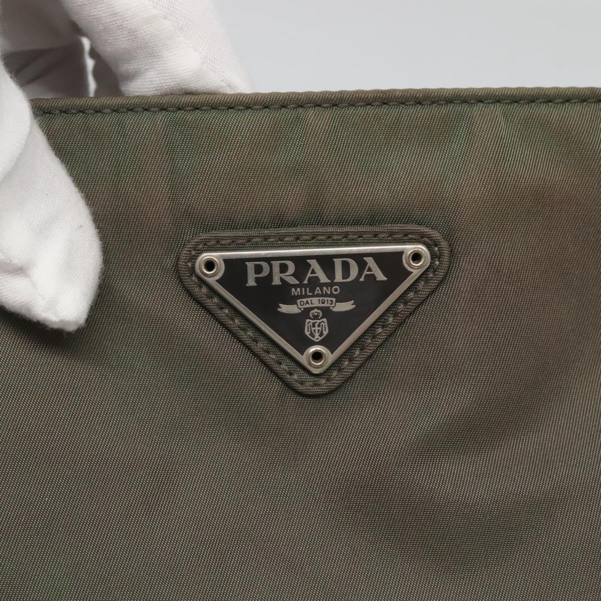 PRADA Tote Bag Nylon Khaki Silver Auth ki5894