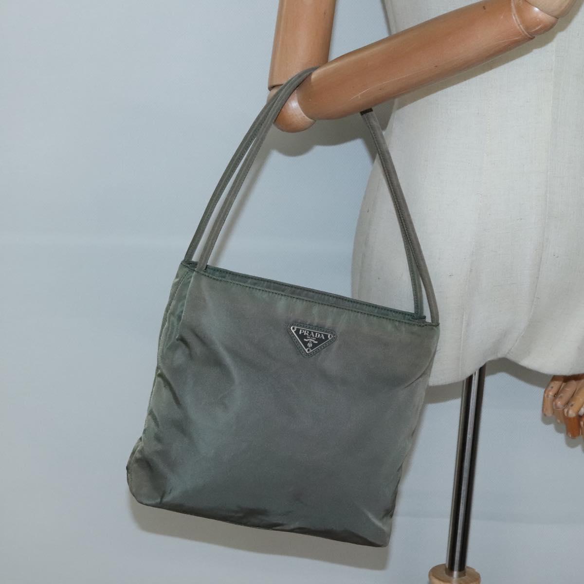 PRADA Tote Bag Nylon Khaki Silver Auth ki5894