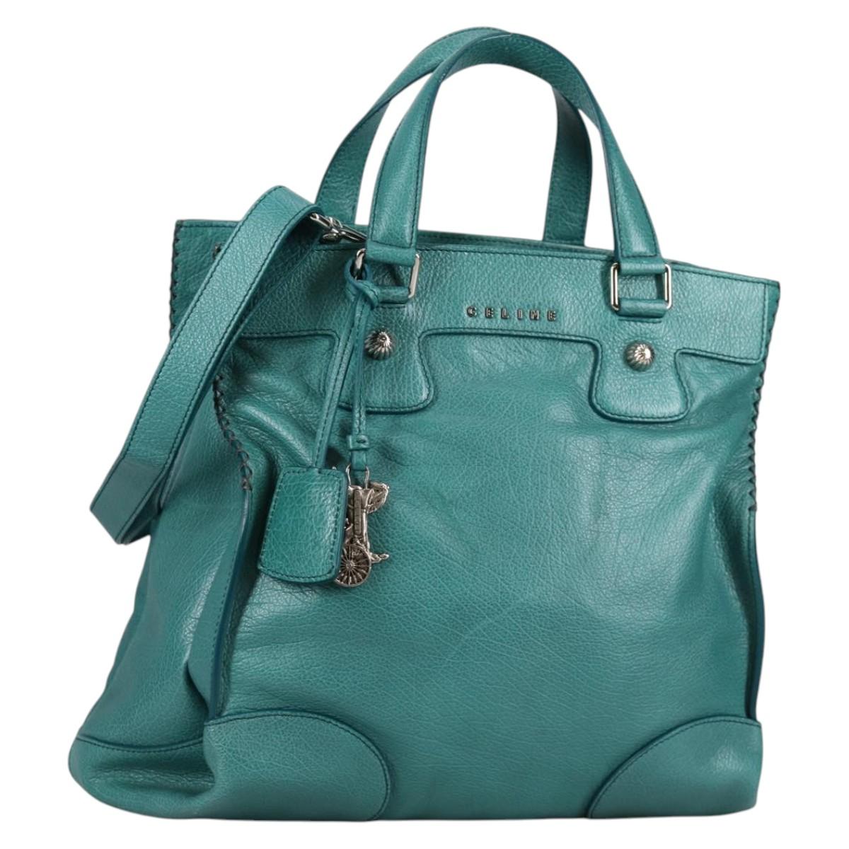 CELINE Hand Bag Leather 2way Turquoise Blue Silver Auth ki5907V