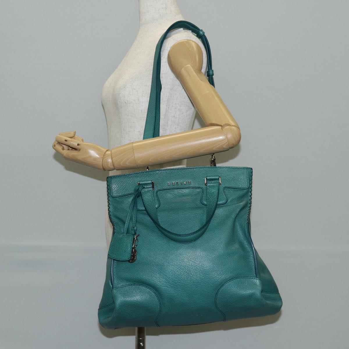 CELINE Hand Bag Leather 2way Turquoise Blue Silver Auth ki5907V