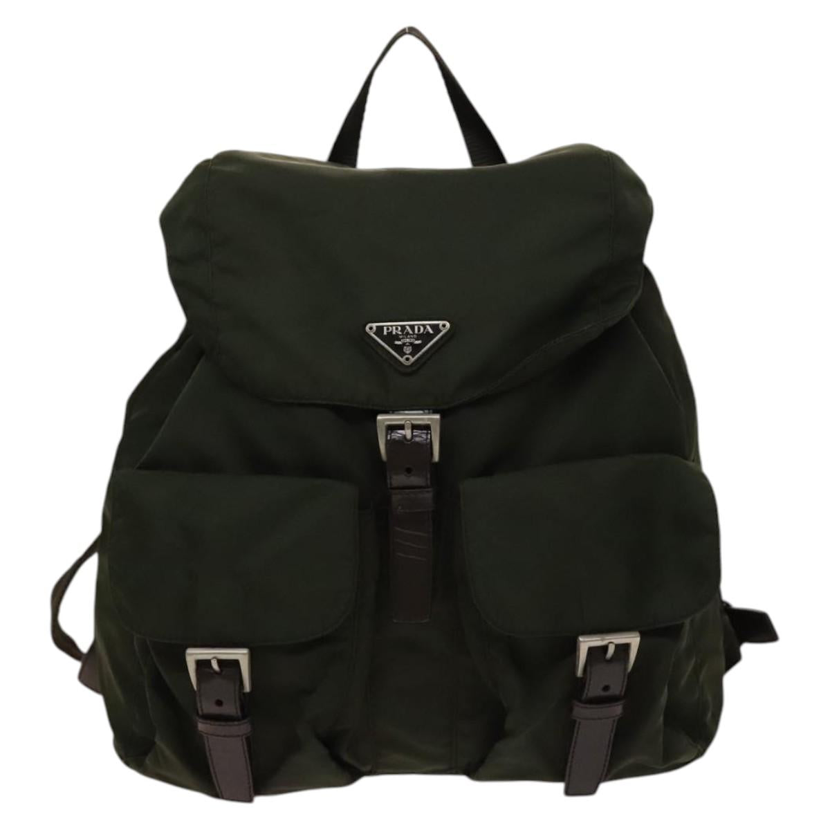 PRADA Backpack Nylon Khaki Silver Auth ki5908