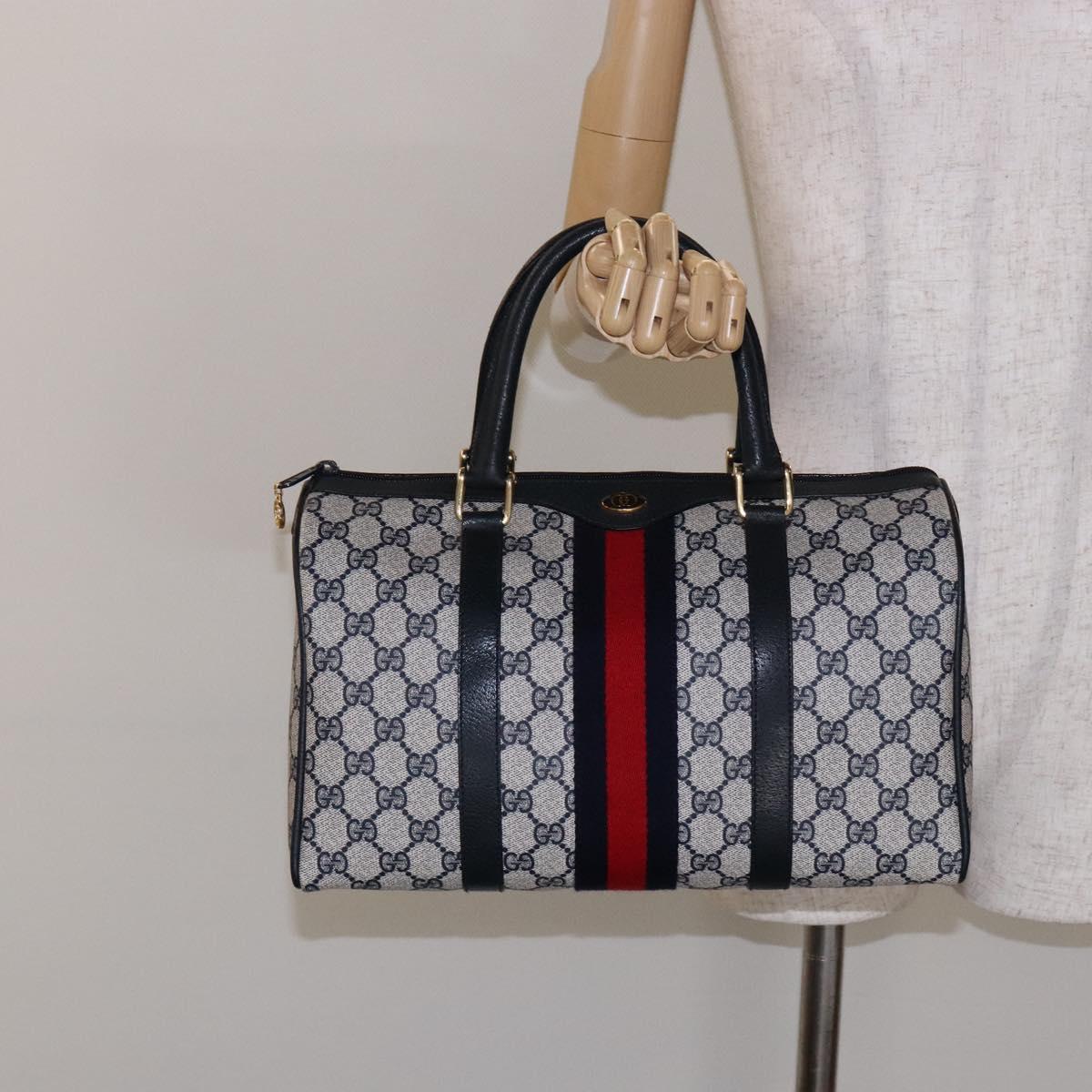 GUCCI GG Supreme Sherry Line Boston Bag PVC Navy Gold Auth ki5935